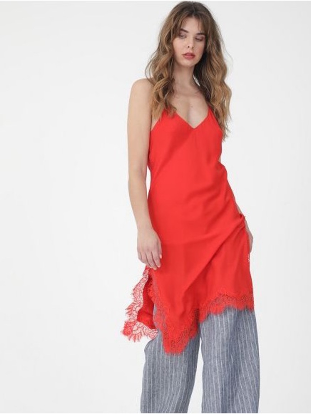 GOLD HAWK BRIGHT RED SILK SLIP DRESS LACE TRIM
